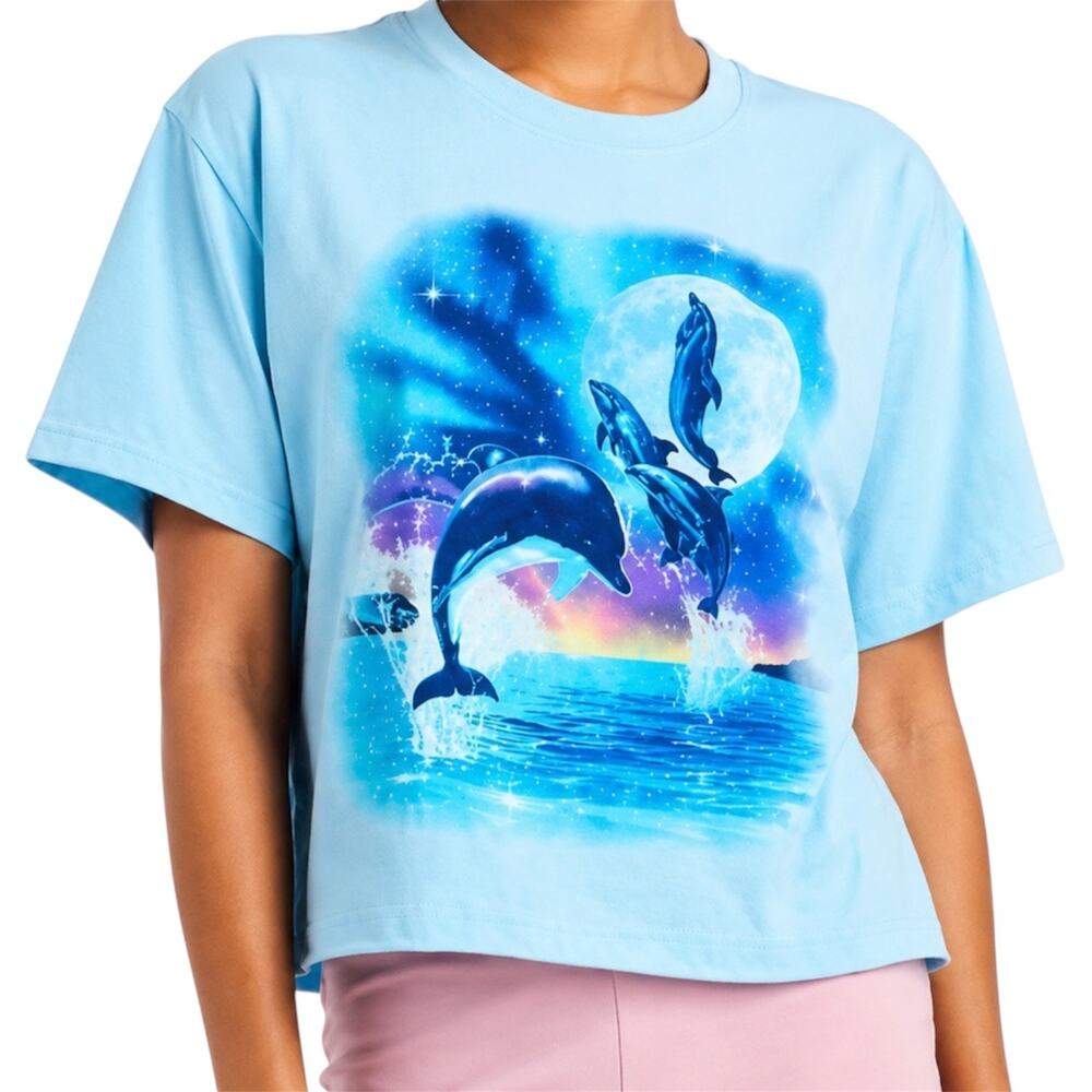 Mighty Fine Dolphin Graphic Tee‎ Blue Ocean Moon Y2K Coastal Top Sz XS Vacation
